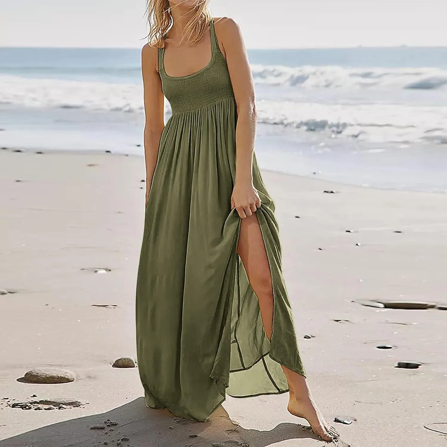 Women Loose Fit Flowy Spaghetti Strap Summer Casual Sleeveless Dress Flowy Long Maxi Beach Vacation Dresses Pockets
