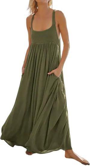 Women Loose Fit Flowy Spaghetti Strap Summer Casual Sleeveless Dress Flowy Long Maxi Beach Vacation Dresses Pockets