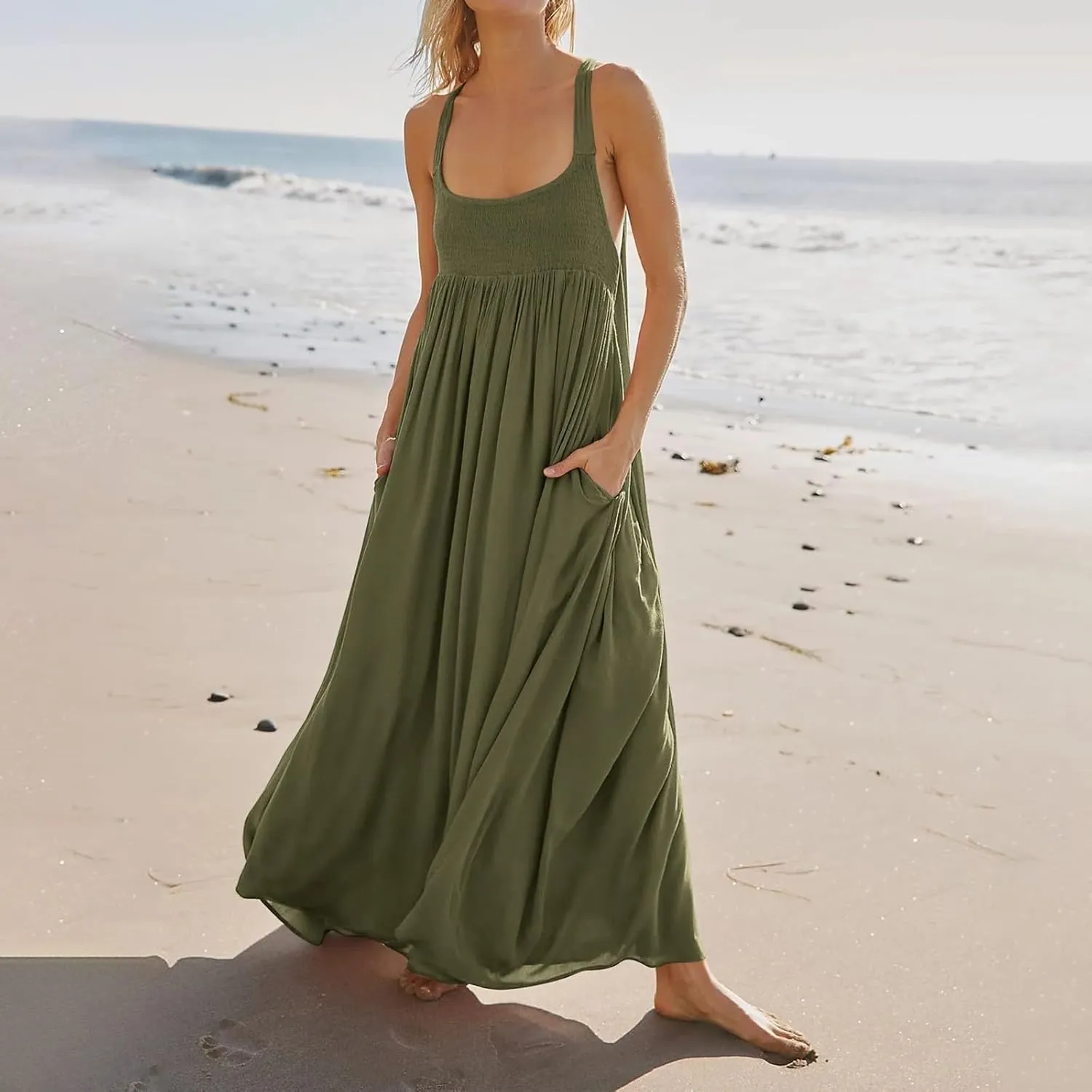 Women Loose Fit Flowy Spaghetti Strap Summer Casual Sleeveless Dress Flowy Long Maxi Beach Vacation Dresses Pockets