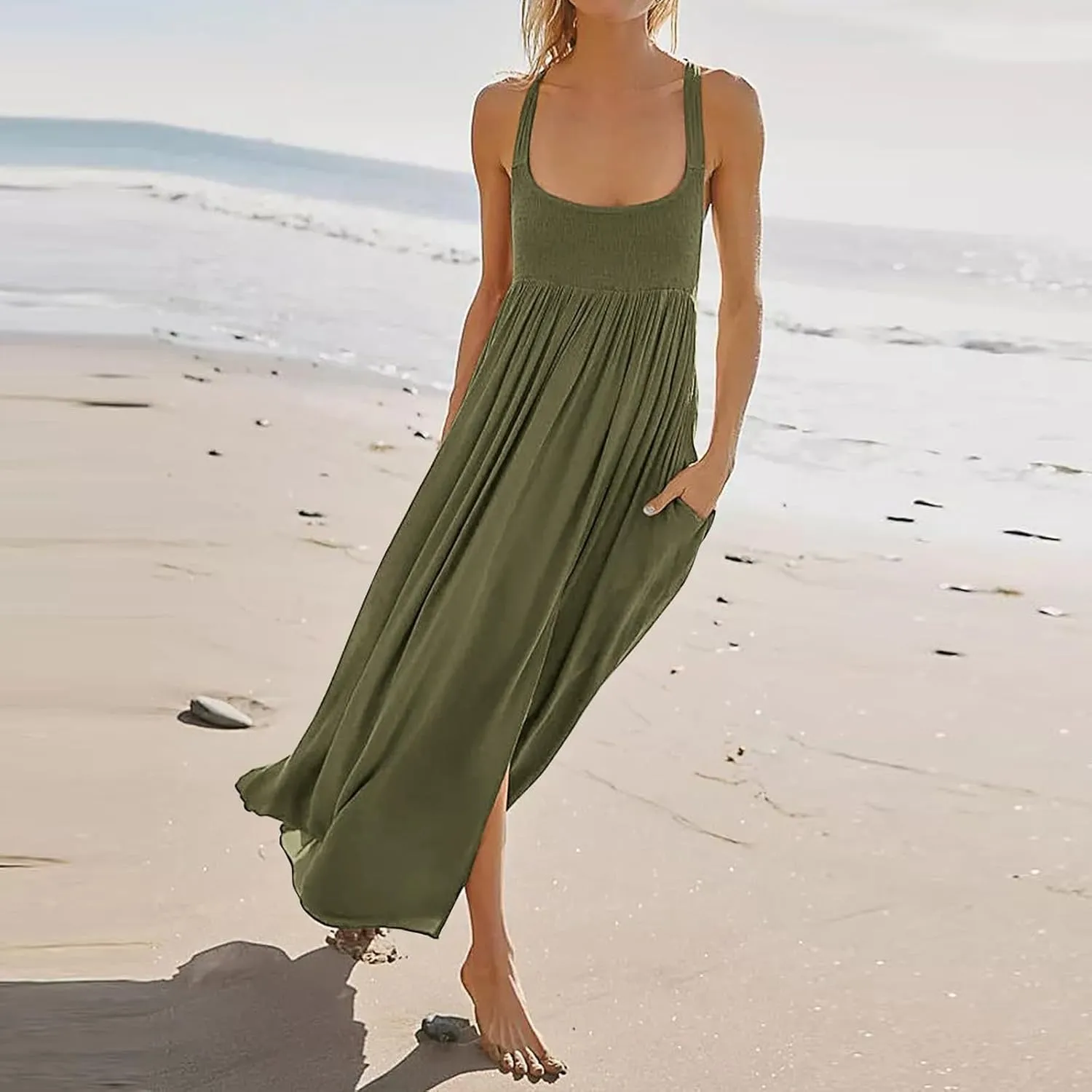 Women Loose Fit Flowy Spaghetti Strap Summer Casual Sleeveless Dress Flowy Long Maxi Beach Vacation Dresses Pockets