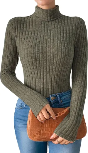 Womens Long Sleeve Turtleneck Tops Ribbed Thermal Underwear Shirt Slim Fit Fall Pullover Sweater