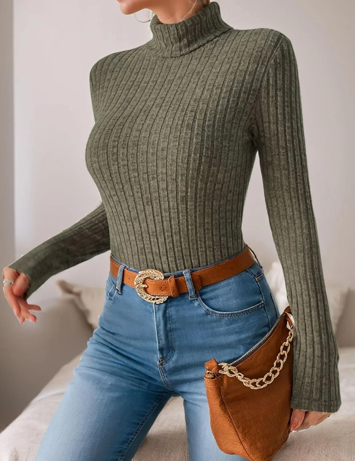Womens Long Sleeve Turtleneck Tops Ribbed Thermal Underwear Shirt Slim Fit Fall Pullover Sweater