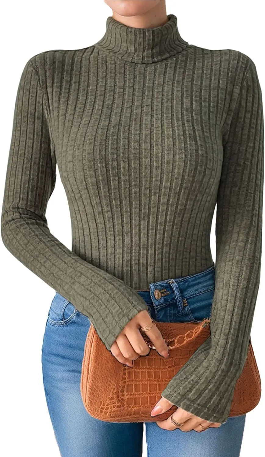 Womens Long Sleeve Turtleneck Tops Ribbed Thermal Underwear Shirt Slim Fit Fall Pullover Sweater