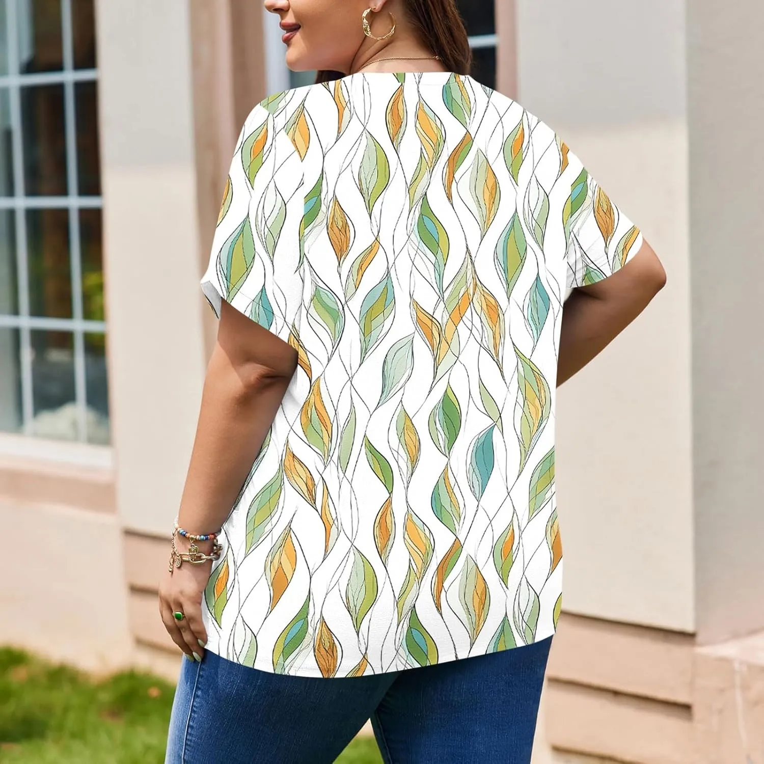Women's Plus Size Tops Casual Summer Pleated Button Up Crewneck Tunic Shirt Loose Fit Short Sleeve Printed Blouses