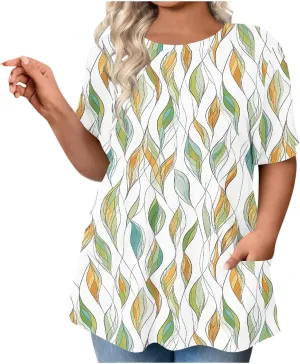 Women's Plus Size Tops Casual Summer Pleated Button Up Crewneck Tunic Shirt Loose Fit Short Sleeve Printed Blouses