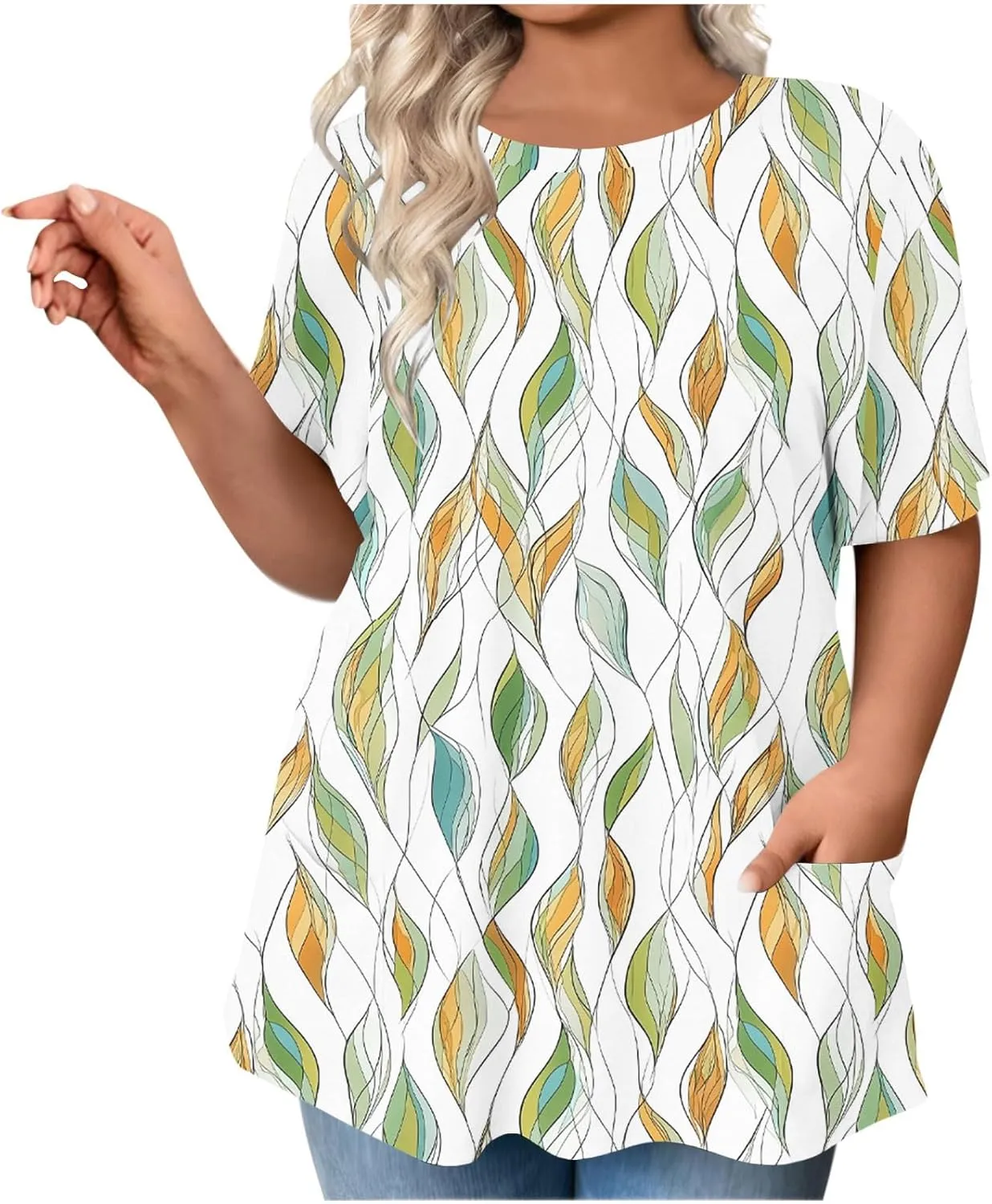 Women's Plus Size Tops Casual Summer Pleated Button Up Crewneck Tunic Shirt Loose Fit Short Sleeve Printed Blouses