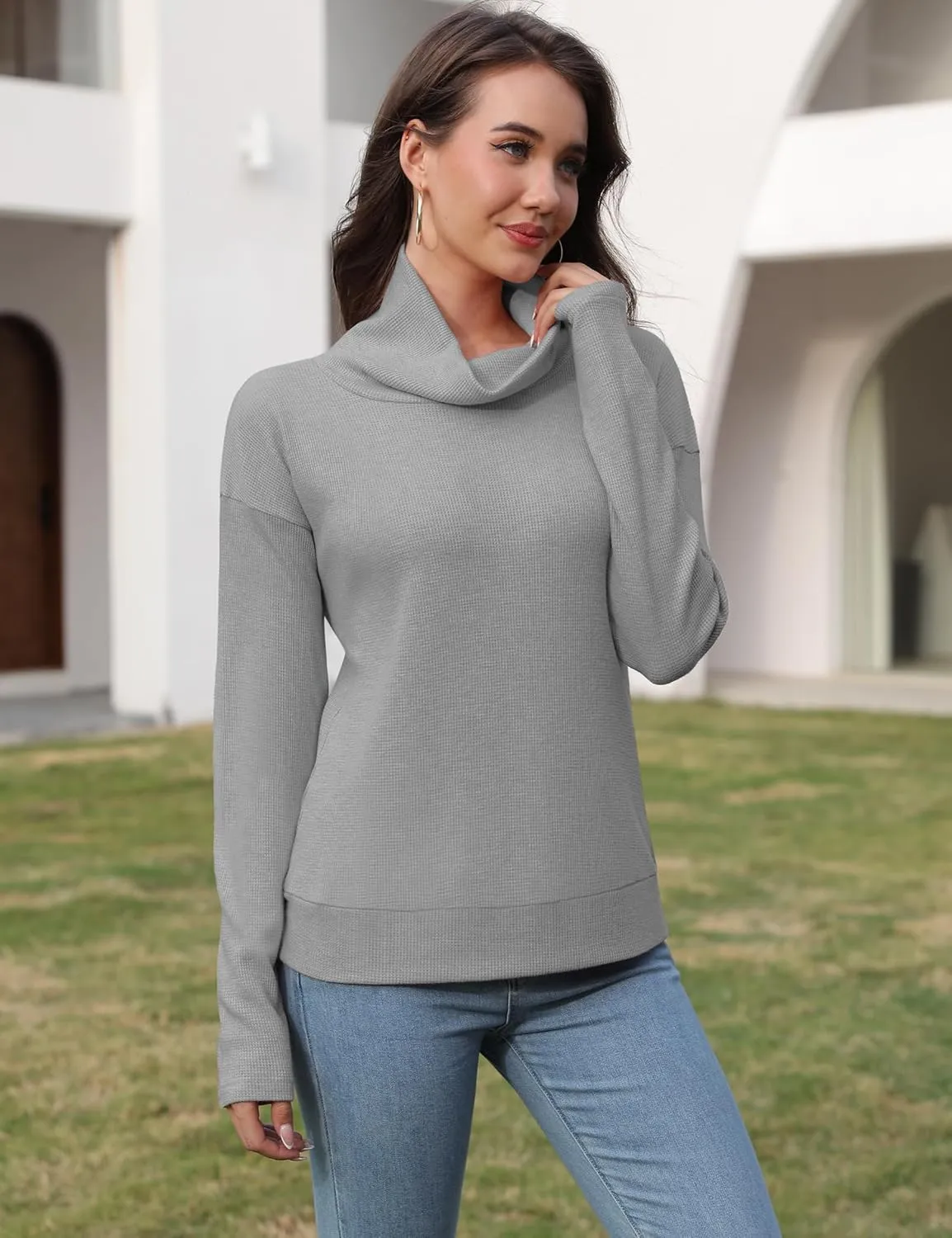 Women's Turtleneck Sweater Casual Waffle Knit Long Sleeve Shirts Loose Fit Pullover Sweaters Warm Tops