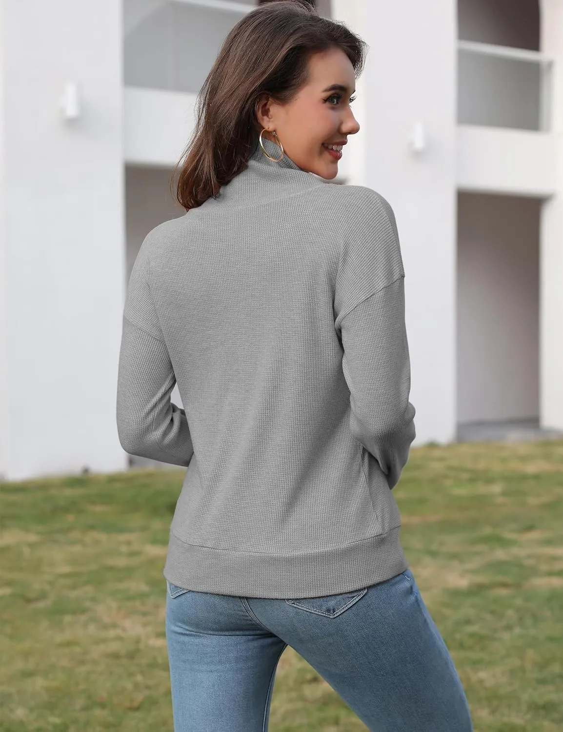 Women's Turtleneck Sweater Casual Waffle Knit Long Sleeve Shirts Loose Fit Pullover Sweaters Warm Tops
