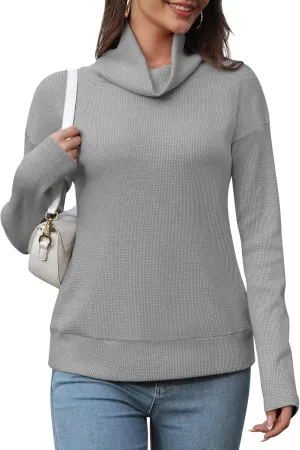 Women's Turtleneck Sweater Casual Waffle Knit Long Sleeve Shirts Loose Fit Pullover Sweaters Warm Tops